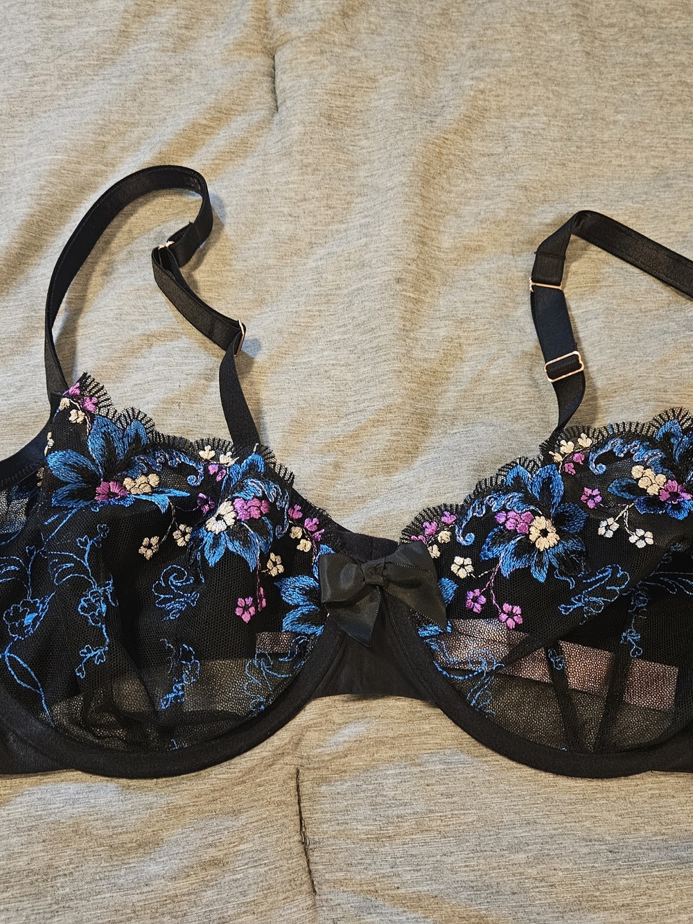 Savage X Fenty Black Sheer Underwire Bra with Blue & Pink Floral Embroidery